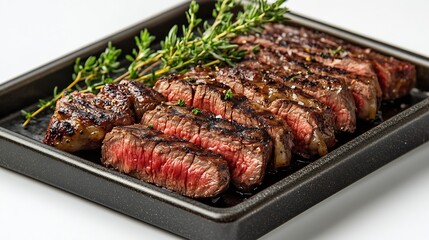 Grilled Rump sirloin steak sliced on a tray with herbs Isolated white background : Generative AI