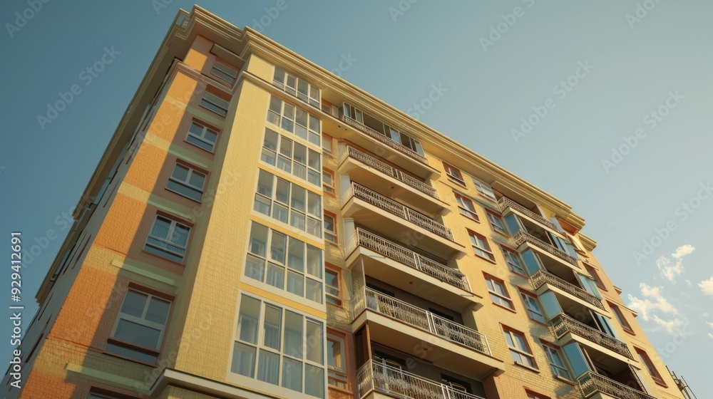 Poster A detailed image of a modern skyscraper with numerous windows and balconies