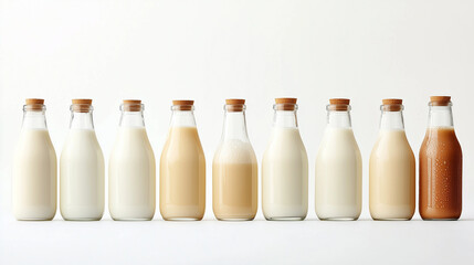 A lineup of glass bottles filled with different types of fresh milk, including regular, almond, and chocolate milk, arranged on a white background.