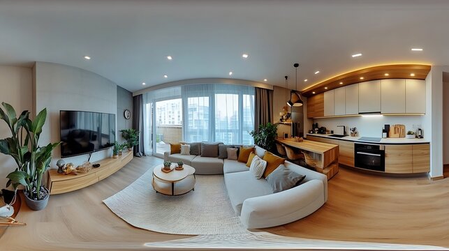 full seamless hdri 360 panorama in interior of guest living room hall with kitchen in studio apartment with table sofa and tv in equirectangular spherical projection VR content : Generative AI