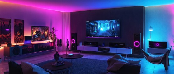 Modern Living Room with Neon Lights, Gaming Setup, and Cozy Furniture