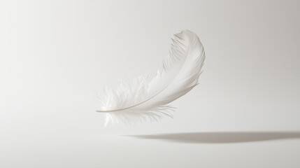 Obraz premium A close-up of a delicate white feather floating gracefully on a plain, light-colored background, casting a soft shadow.