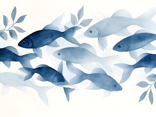 Fototapeta premium Underwater scene with fish forming a living mural, synchronized motions depicted in soft watercolor tones, ethereal and serene