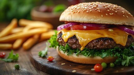 Homemade cheeseburger with cheese and vegetables served with french fries and salad : Generative AI
