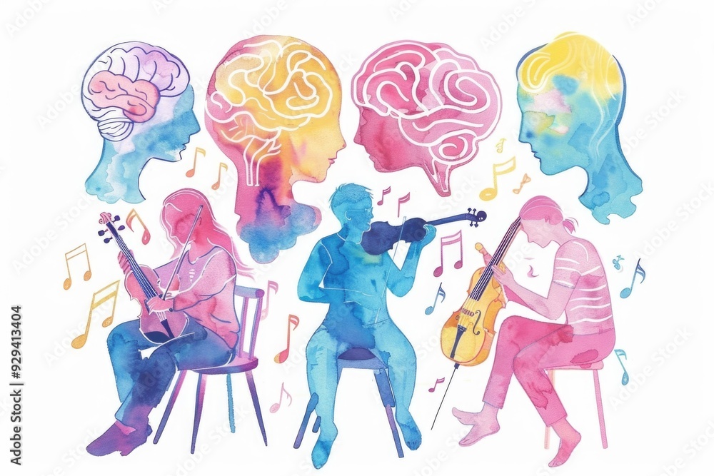 Poster people gathered around with various instruments and music sheets, ideal for use in educational or en