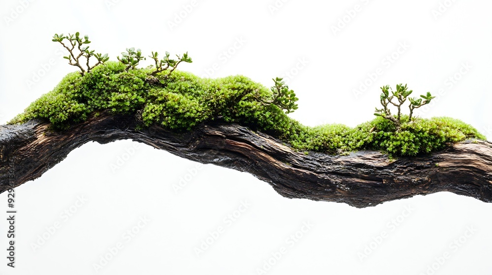 Poster fresh green moss on wet rotten branch and stone isolated on white side view : generative ai