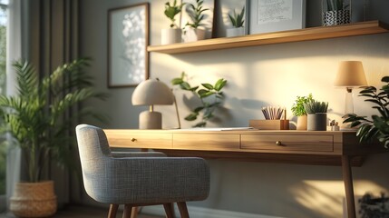 Small and stylish study area with wooden desk nice chair decorations modern lamps and shelf : Generative AI