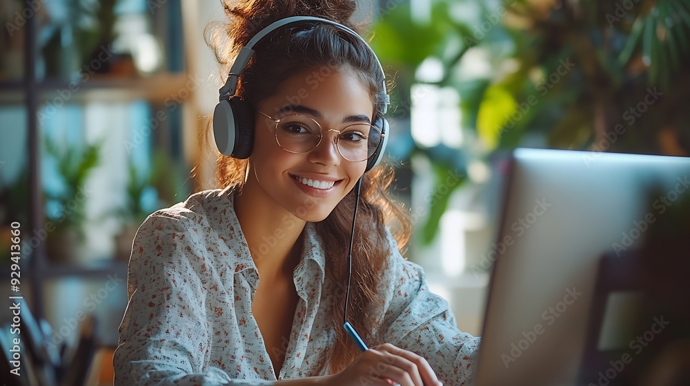 Aufkleber smiling multiracial millennial female student in headphones sitting at the desk watching webinar and