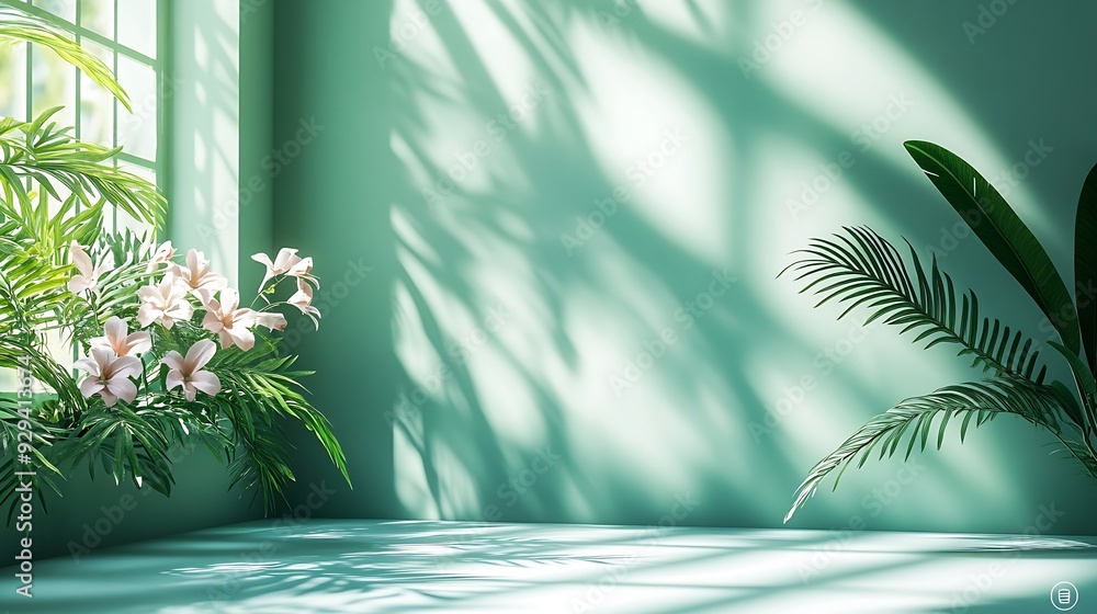 Poster abstract gradient green studio background for product presentation empty room with shadows of window