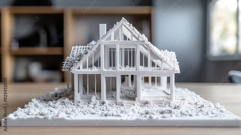 Poster Decomposed house parts floor and roof 3D model printed on a 3D printer with white filament by FDM technology for architectural use : Generative AI