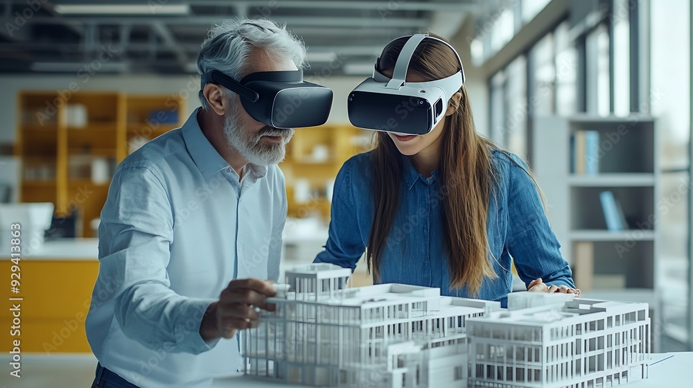 Poster Technology futuristic virtual reality design Team Architect or Engineer designer wearing VR headset for BIM technology working together design 3D model building in office : Generative AI