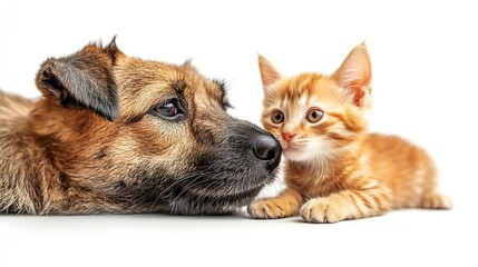 Obraz premium Portrait of funny dog breed Jagdterrier and cheerful kitten Scottish Straight licks together isolated on white background : Generative AI