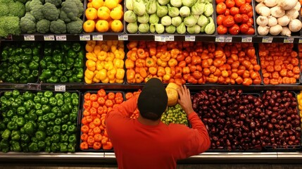 A worker carefully organizes fresh produce in a grocery store's vegetable section