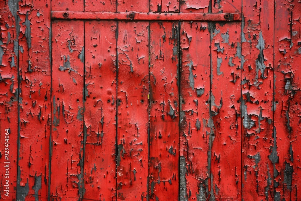 Poster A close-up shot of a worn-out red door with peeling paint, perfect for use in retro-themed designs or as a symbol of nostalgia