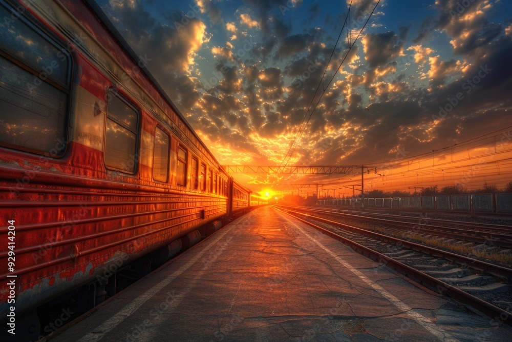 Poster a train travels along the tracks as the sun sets in the background, creating a warm and inviting atm