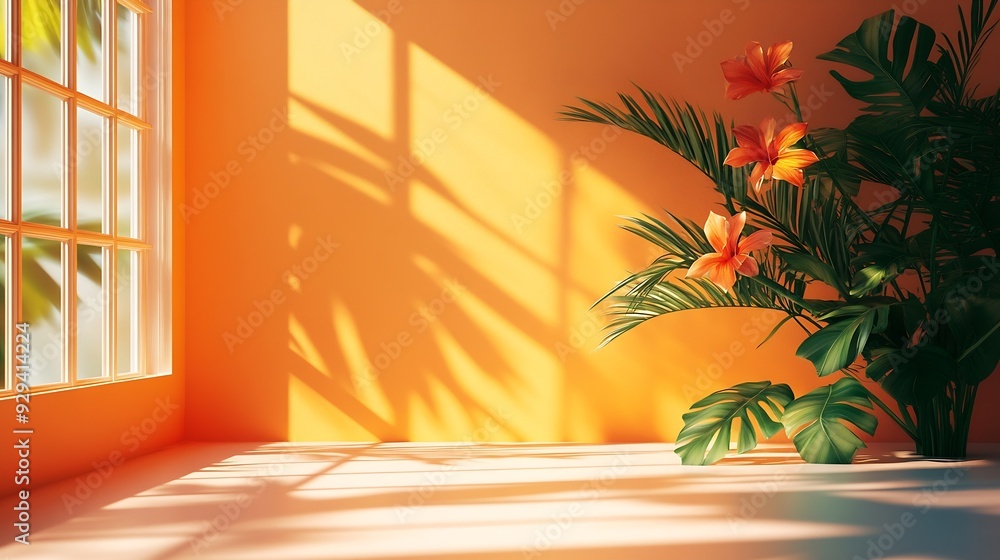 Poster trendy color of the year 2024 peach fuzz orange studio background for product presentation empty roo