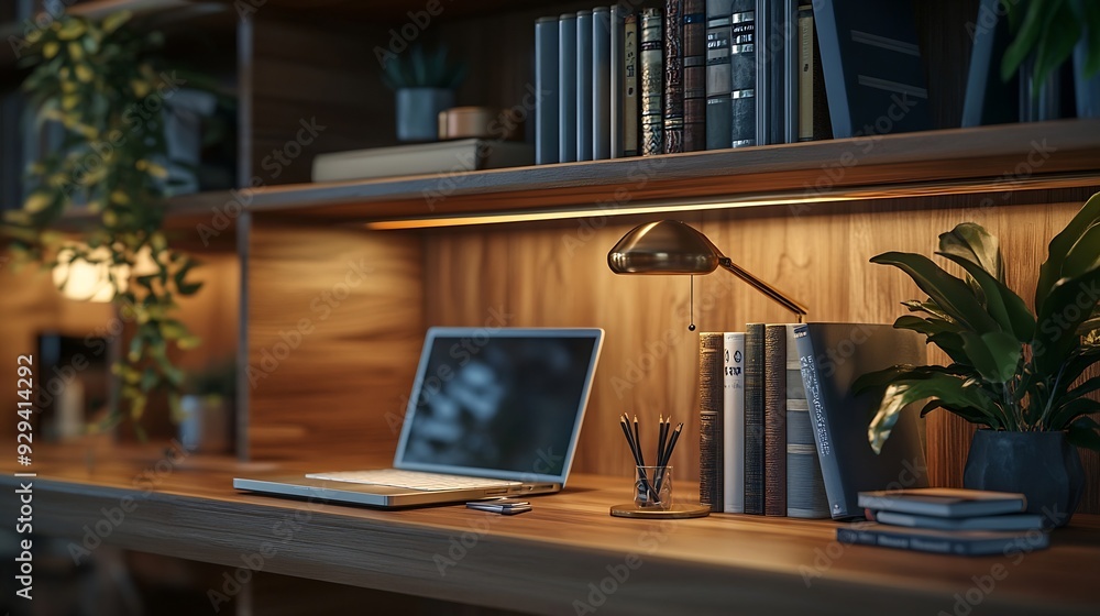Poster shelf unit with books and stylish workplace in home library : generative ai