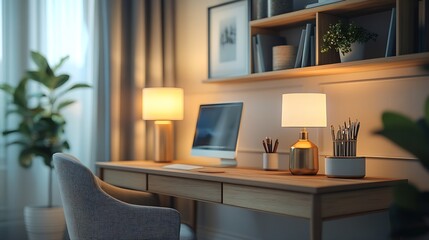 Fototapeta premium Small and stylish study area with wooden desk nice chair decorations modern lamps and shelf : Generative AI