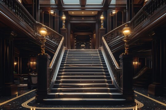 Regal golden Carpet Staircase with Ornate Golden railing, luxury Interior design