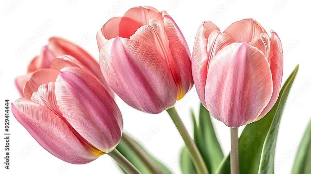 Poster pink tulips flowers on a white isolated background with clipping path flowers on a stem closeup natu