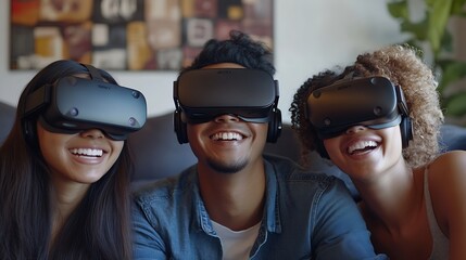 Young asian man and two young biracial women enjoy virtual reality at home they are immersed in a vr experience in a modern living room setting : Generative AI
