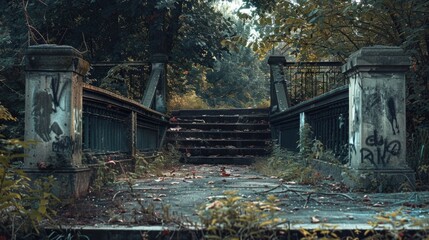 Urban landscape with stairs leading to a bridge covered in colorful graffiti