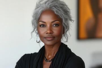 dignified portrait of senior black woman with elegant gray hair wisdom etched in her kind eyes against a pure white background