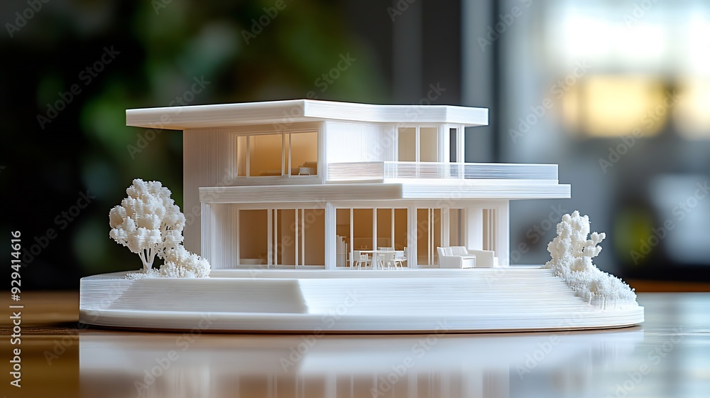 Poster Model of the house printed on a 3D printer with white filament by FDM technology for architectural use : Generative AI