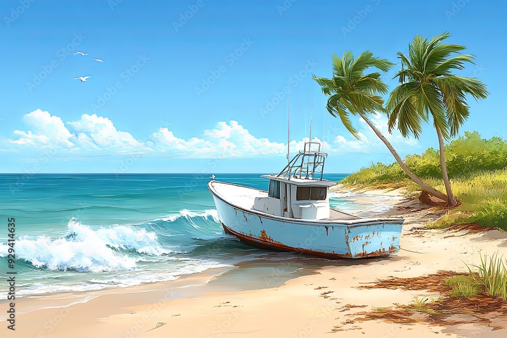 Poster a weathered fishing boat is stranded on the beach with gentle waves lapping at its hull. generative 