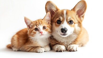 Obraz premium Cute Welsh corgi puppy and a red kitten sit together on a white background isolated on a white background : Generative AI