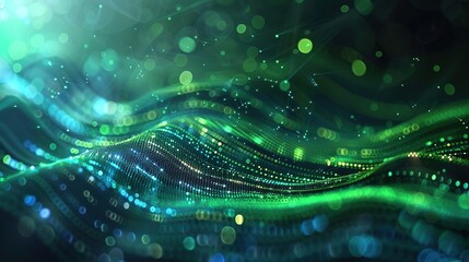 Abstract digital waves with glowing particles in green and blue tones.