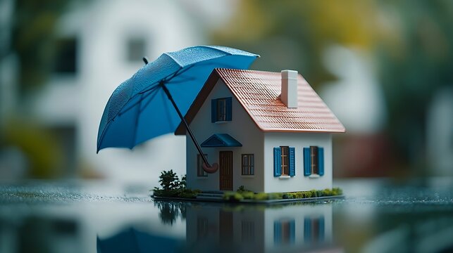 Renters home insurance or mortgage protection concept with a 3D house model under a blue umbrella : Generative AI