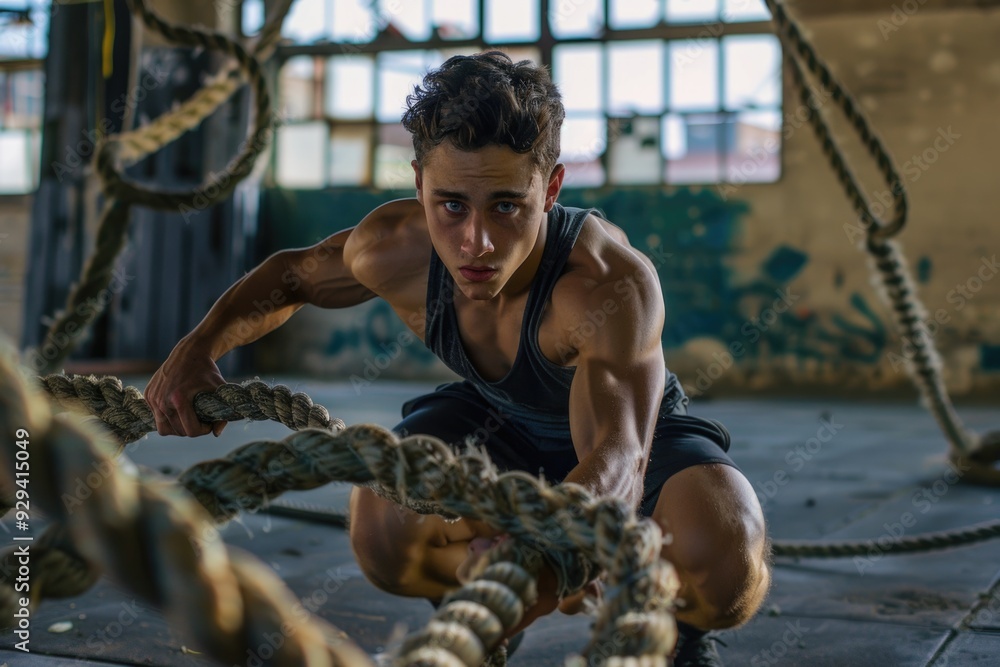 Poster a person doing a pull-up on a rope in a fitness setting