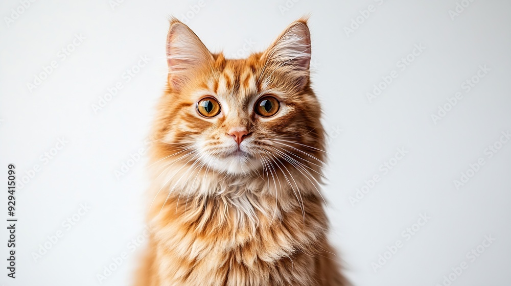 Poster A cat with orange fur is sitting on a white background The cat has a curious expression on its face : Generative AI