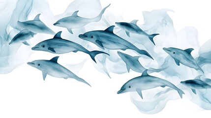 Underwater ballet of fish moving in sync, evading the pursuit of dolphins, soft watercolor palette, serene and captivating