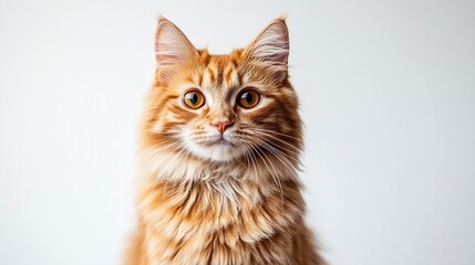 Obraz premium A cat with orange fur is sitting on a white background The cat has a curious expression on its face : Generative AI