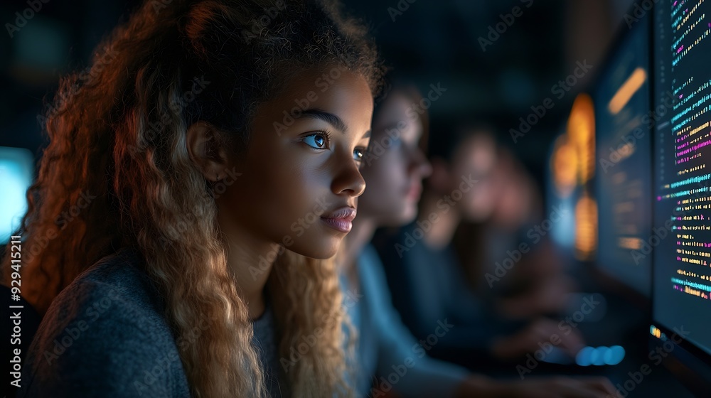 Aufkleber Teacher Giving Computer Science Lecture to Diverse Multiethnic Group of Female and Male Students in Dark College Room Projecting Slideshow with Programming Code Explaining Information  : Generative AI