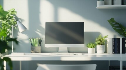 Fototapeta premium Comfortable workplace with white desk near wall at home : Generative AI
