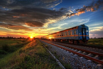 Fototapeta premium A train travels along the tracks surrounded by a lush green field, ideal for rural landscape or transportation-related projects