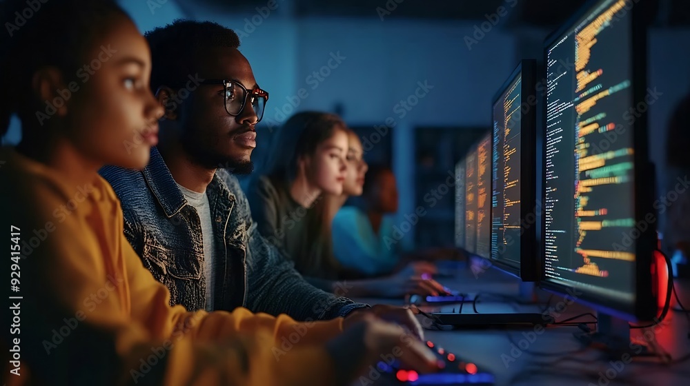 Aufkleber Teacher Giving Computer Science Lecture to Diverse Multiethnic Group of Female and Male Students in Dark College Room Projecting Slideshow with Programming Code Explaining Information  : Generative AI