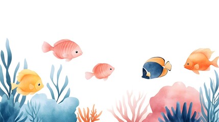 Fototapeta premium Tranquil underwater watercolor painting of a school of fish exploring vibrant coral reefs, soft brushstrokes, and soothing tones