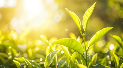 Obraz premium Green tea leaves on a tea plantation, natural landscape, Close-up background