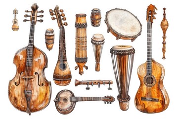 Collection of hand-painted watercolor instruments for various music genres