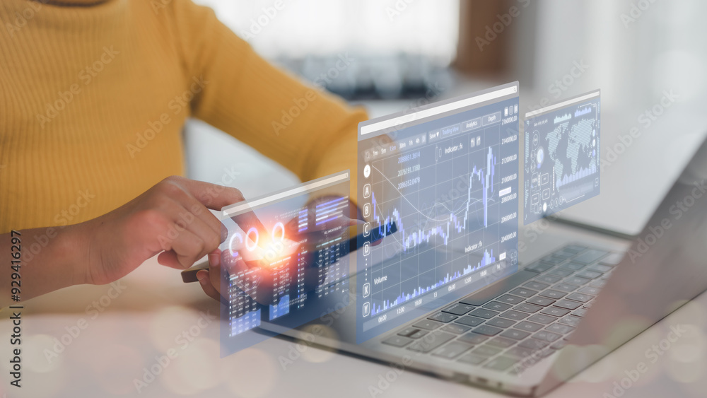 Poster price graph and indicator. stock market investment and cryptocurrency. trader analyzing data on a vi