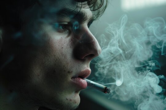 Man smoking a cigarette in front of an open window, casual moment