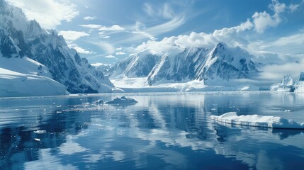 A serene mountain lake surrounded by snow-covered peaks
