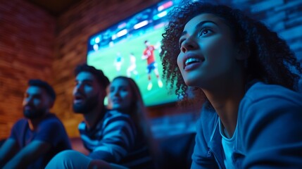 Obraz premium Astonished young people emotional friends watching football match sport show Youth sitting on sofa in front of huge 3D model of tv screen Concept of sport leisure activities betting ad : Generative AI