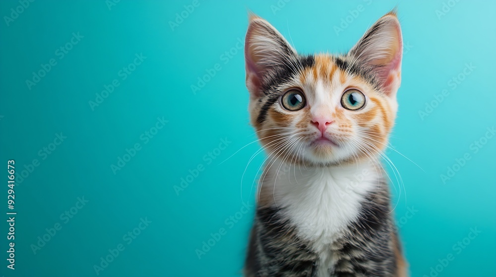 Poster studio portrait of domestic calico cat standing and looking forward against a turquoise background :