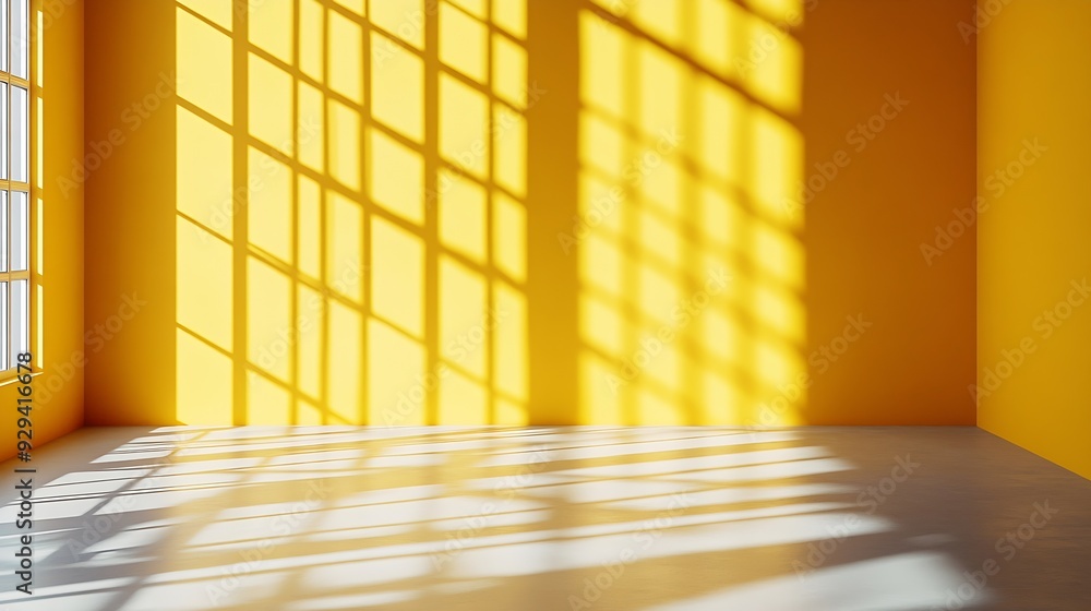 Poster Empty yellow studio space with artistic windows shadow Minimalistic space concept : Generative AI