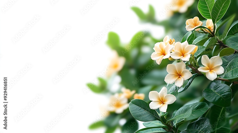 Poster In Selective focus a tropical flower tree with leaves and branches on white isolated background for green foliage backdrop : Generative AI